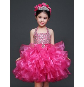 Girls kids children child rhinestones fuchsia  straps  halter backless stage performance modern dance princess dress flower girls dresses 90-150cm