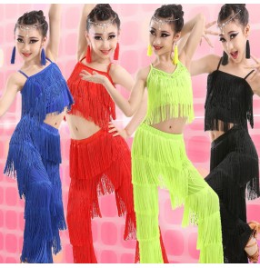 Girls kids children child royal blue neon green purple black red fringe tassels competition latin salsa cha cha dance top and pants costumes dress set