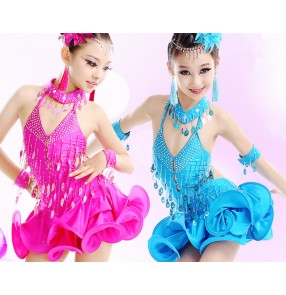 Girls kids children child turquoise fuchsia competition professional exercises latin dresses samba salsa dresses 110-170cm