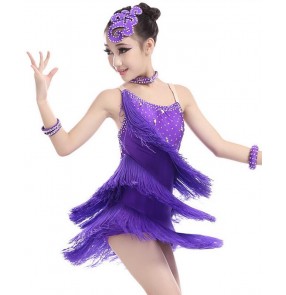 Girls kids children child violet fuchsia coral royal blue high quality professional rhinestones latin dance dresses 110-160cm