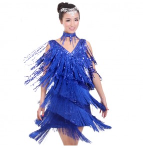 Girls kids children child women's yellow fuchsia royal blue black red sequined fringe v neck competition latin dresses samba salsa cha cha dance dresses 