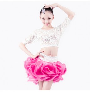 Girls kids children competition dance white lace top and fuchsia skirt latin dance dress set 