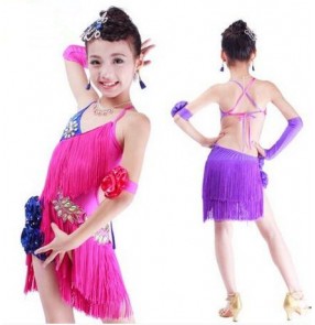 Girls kids children fringe tassels violet royal blue fuchsia backless competition professional latin dance dresses 120-170cm