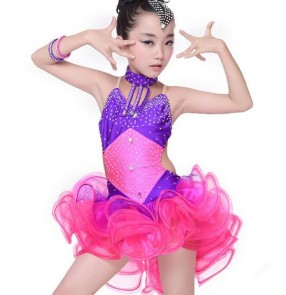 Girls kids children high quality diamond competition exercises fuchsia and violet patchwork latin dance dresses ballroom dance dress 110-170cm