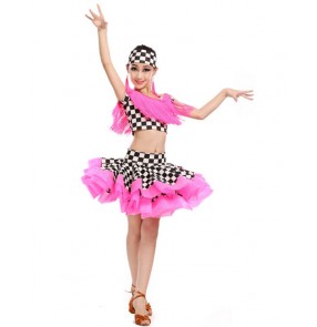 Girls kids children kids child baby white and black  plaid pink fringe ruffles hem skirt competition dance dresses sets salsa cha cha samba dance top and skirt sets