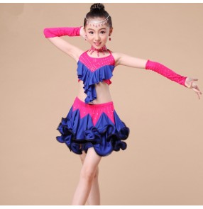 Girls kids children patchwork royal blue and fuchsia blue and red  diamond competition latin dance dresses sets top and skirt