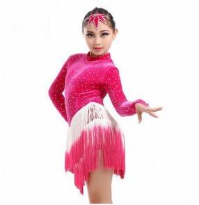 Girls kids children  red black fuchsia gradient tassels high class luxury diamond competition velvet material turtle neck long length latin dance dress ballroom dance dreses 110-160cm