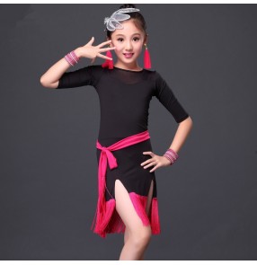 Girls kids children royal blue black fuchsia patchwork with sashes middle long sleeves tassel hem side split latin dance dresses 110-155cm 