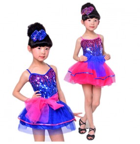 Girls kids children royal blue fuchsia patchwork sequined paillette strap shoulder modern dance ballet dance dresses dancewear