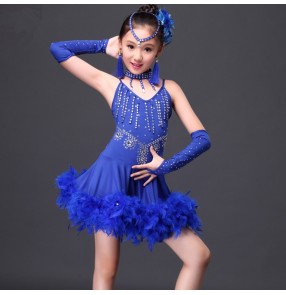 Girls kids children royal blue fuchsia red feather diamond professional competition latin salsa dance dress