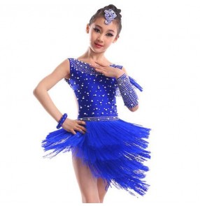 Girls kids children royal blue tassels diamond latin dance dresses salsa dresses 110-160cm