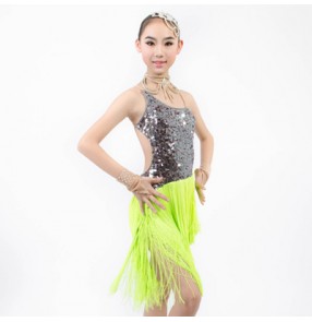 Girls kids children silver sequined top and neon green tassel backless stage performance latin dance dress 
