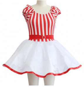 Girls kids red striped  and white patchwork ballet dance dress