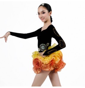 Girls kids rhinestone long sleeves yellow and black patchwork latin dance dress  ballroom dancing dress