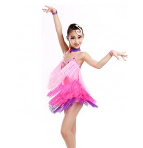 Girls kids tassel latin dance dress long tassel yellow orange fuchsia