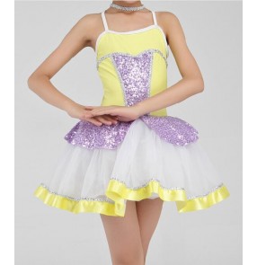 Girls kids yellow violet and white patchwork ballet dance dress