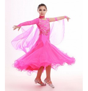 Girls kids yellow violet fuchsia lace long length competition professional full skirted high quality ballroom dance dresses waltz tango dance dress