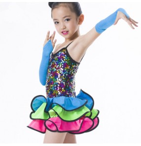 Girls latin dance rainbow sequined latin dance dress