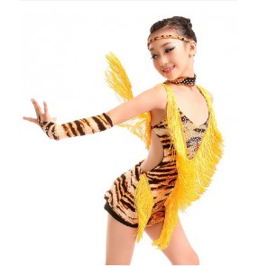 Girls long tassel Latin dance dress zebra leopard printed