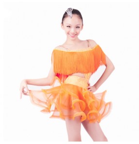 Girls long tassel sequined competition professional  performance latin dance dress orange