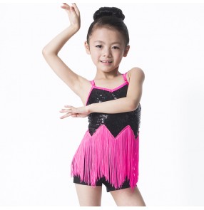 Girls paillette  fuchsia and black patchwork  tassel leotard latin dance dress