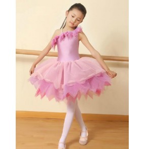 Girls pink one shoulder leotard skirt ballet dance dress