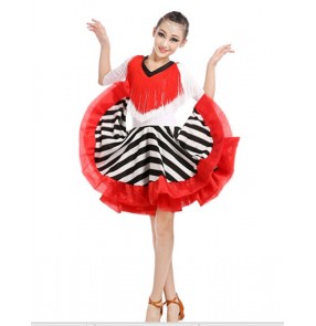 Girls red and black and white striped tassel latin dance dress