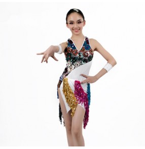 Girls sequined tassel v neck stage performance latin dance dress white and patchwork
