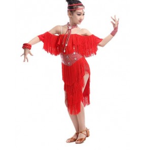Girls tassels black red white professional diamond competition latin dance dresses ballroom samba salsa dresses 
