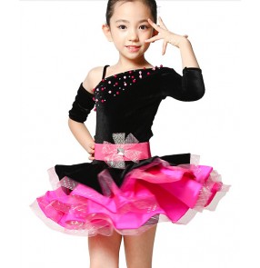 Girls velvet diamond one shoulder long sleeves black and fuchsia patchwork competition latin dance dress ballroom dance dress