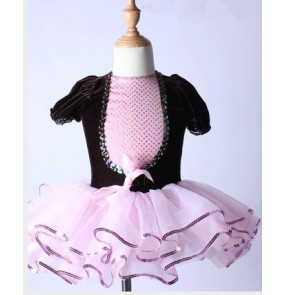 Girls velvet short sleeves ballet dance dress tutu skirt 