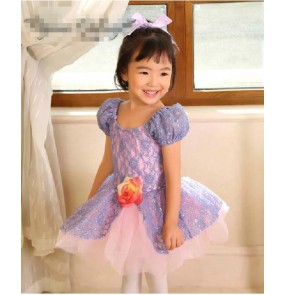 Girls violet lace tutu skirt ballet dance dress short sleeves