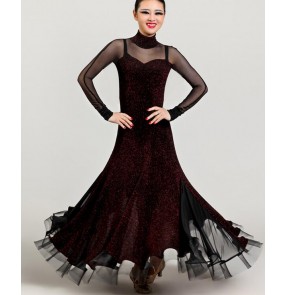 Girls women's female ladies wine red navy long mesh sleeves turtle neck long length Competition stadard ballroom dresses waltz tango samba dance dresses S-XXL