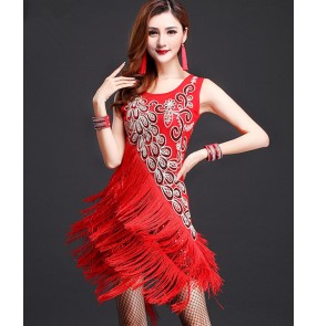 Girls women's ladies embroidery flower floral fringes royal blue fuchsia red double shoulder tank latin dance dress samba salsa chacha rumba dance dresses