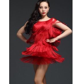Girls women's lady black red high quality professional competition fringe layers u backless sexy latin dresses salsa chacha dance dresses
