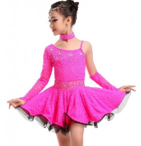 Girls yellow fuchsia green ruffles hem with gloves latin dance dress