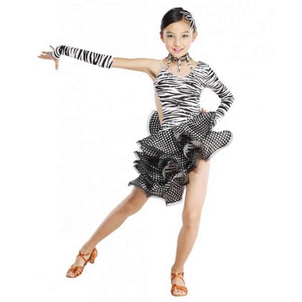 Girls Zebra Spandex Diamante Latin Dance Dress Ballroom Dance Dress Latin Girls