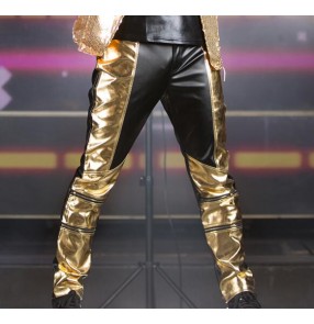 Gold black pu leather motor cycle fashion style patchwork with pocket slim straight long length men's male performance jazz dj ds singer hip hop punk rock bar show play dance wear pencil pants trousers for man