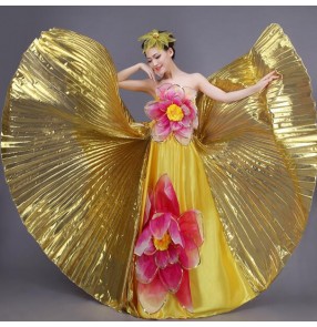 Gold fuchsia flower patchwork women's ladies female modern dance opening dance stage performance folk spanish dance bull dance costumes big swing skirts dresses 