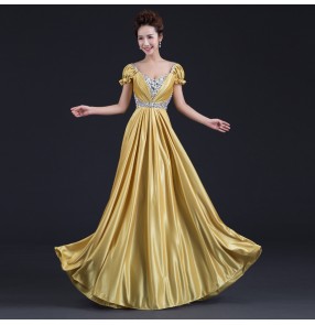 Gold red Women's v neck A-line puff short sleeves beaded  long length evening  dress wedding party bridal  dress