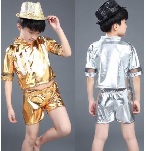 Gold silver fuchsia hot pink boys girls kids stage performance child children kindergarten teen growth pu leather jazz dance costumes hip hop dance play outfits