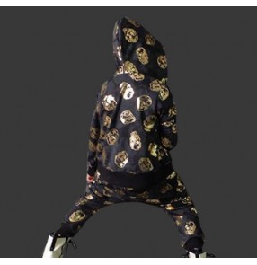 Gold skull printed pattern black boys girls kids children cotton material sweater tops stage performance hip hop jazz cos play dancing outfits costumes
