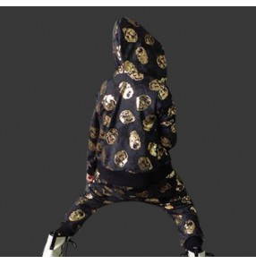 Gold skull printed pattern black boys girls kids children cotton material sweater tops stage performance hip hop jazz cos play dancing outfits costumes