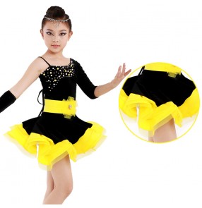 Gold yellow fuchsia Girls children child kids baby one shoulder sleeves rhinestones competition latin dance dresses ballroom  salsa cha cha dance dresses 