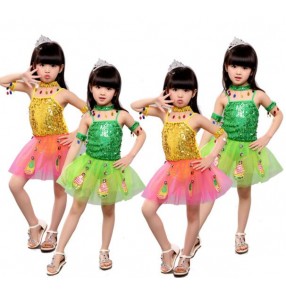 Gold yellow green paillette girls kids child children toddlers baby growth peacock modern dance stage performance leotard tutu skirt jazz dance costumes dresses clothes