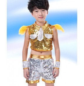 Gold yellow white royal blue boys kids child toddlers children baby sequined paillette modern dance jazz hip hop dance costumes clothes