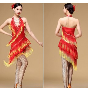 Gradient colored black white red fringes tassels patchwork v neck backless competition stage performance professional salsa samba cha cha latin dance dresses outfits