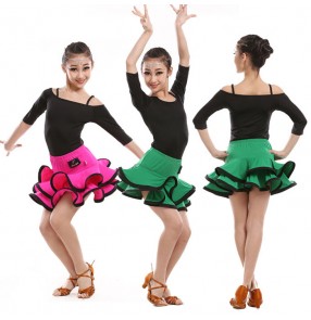 Green black fuchsia black patchwork long sleeves exercises practice latin dance dresses split  set top and ruffles skirt