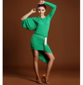 Green black with gradient sashes women's ladies female womens  competition one loose sleeves long sleeves irregular hem latin samba salsa cha cha rumba dance  dancing dresses 