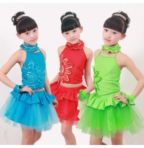 Green blue red turquoise sleeveless turtle neck backless girls kids child children toddlers kindergarten  latin practice latin dance dresses split set 